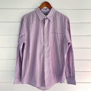 Van Heusen Studio Mens Purple & White Striped Slim Fit Button Down Shirt Large